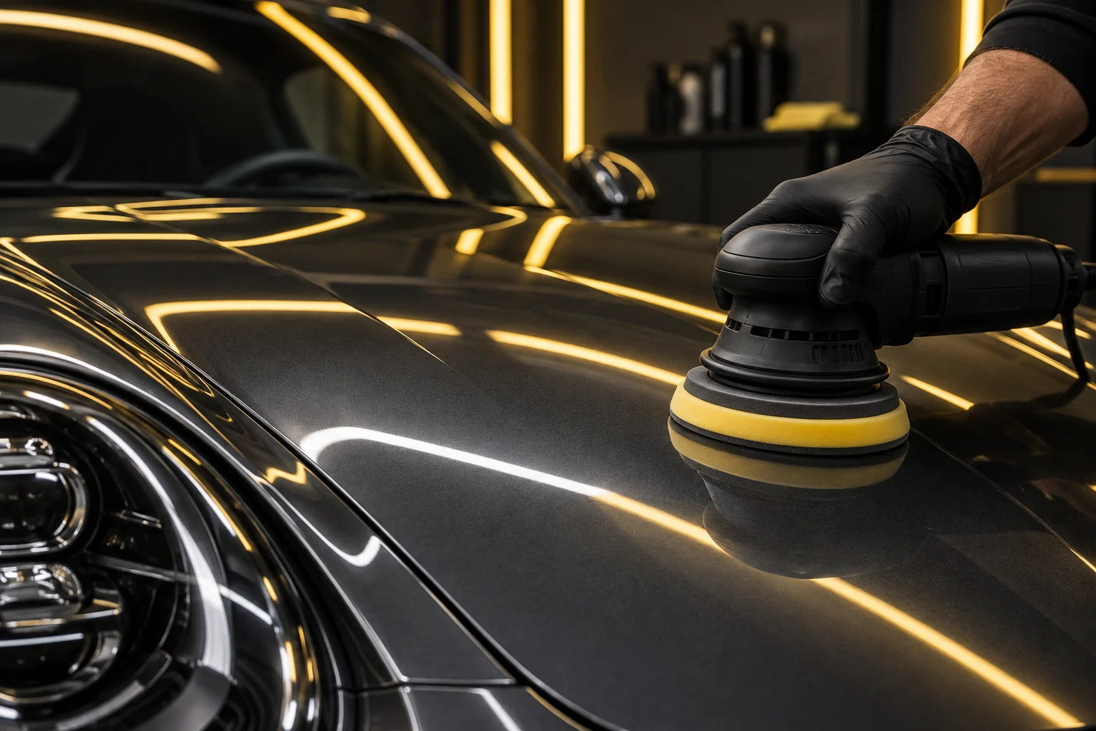 Careful machine polishing of a graphite car hood